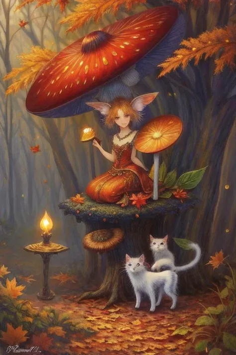 amazing Fantasy painting of a of a fairy in a [mushroom:forest:30], cat, Autumn colors, Dawn lighting, Color temperature lighting,  <lora:Fantasy_4:0.6>