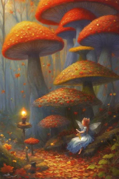 amazing Fantasy painting of a of a fairy in a [mushroom:forest:30], cat, Autumn colors, Dawn lighting, Color temperature lighting,  <lora:Fantasy_4:0.3>
