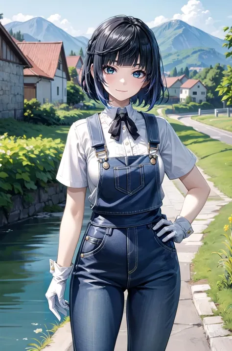 (masterpiece, best quality, detailed), 1girl, solo, YelanGI,
overalls, white shirt, short sleeves, white gloves, outdoors, house, rural, village, scenery, path, river, bridge, arms on hips, smile, closed mouth