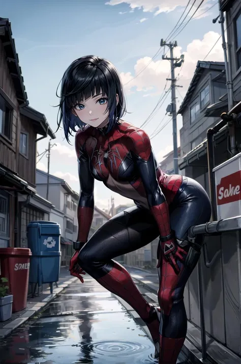 (masterpiece, best quality, detailed), 1girl, solo, YelanGI,
<lora:attire_spider-man:0.8> spider suit, spider web print, spider web, outdoors, alley, trash can, industrial pipe, building, urban, puddle, power lines, cloudy sky, sign, dark, night, leaning forward, arm support, evil smile