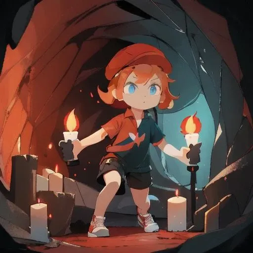 a girl, medium shot, red cap, orange hair, blue eyes, (black shirt), (white short), (sneaker), in a cave, candle, wall, good quality, ray tracing, detail in background
<lora:pmcafe:0.6>