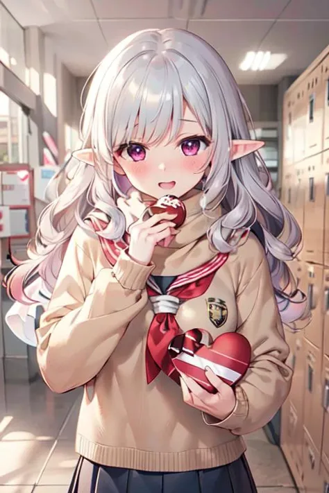 (best quality:1.2) (4k:1.) (highres:1.1) , (ultra detailed CG:1.1) ,
1girl elf , solo , (detailed face:1) , (silver wavy hair:1) , (small breasts:1) , holding heart chocolate , reaching , presenting heart package , <lora:Valentines-day-style-darquelilly-v1:.8> (valentinesdaystyle:1) , (heart:1) , school uniform , sailor collar , long sleeves , scarf , <lora:getabako2_SD15_V2:.8> (getabako:1) , (scenery:1) , (locker:1) , (school:1) , (tile floor:1) , (glass door:1) , embarrassed , upper body , <lora:Gloomifier_TheDread_V1_LECO:-.4>