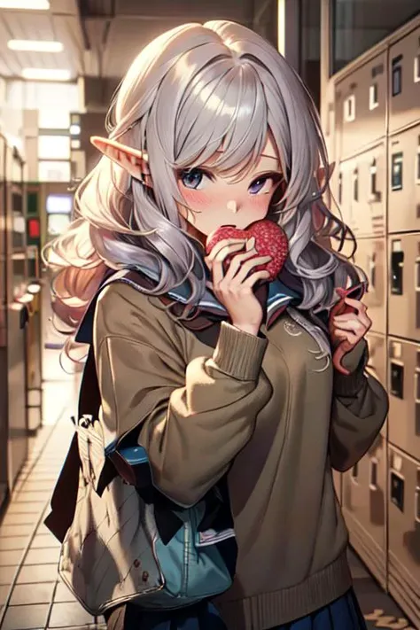 (best quality:1.2) (4k:1.) (highres:1.1) , (ultra detailed CG:1.1) ,
1girl elf , solo , (detailed face:1) , (silver wavy hair:1) , (small breasts:1) , holding heart chocolate , reaching , presenting heart package , <lora:Valentines-day-style-darquelilly-v1:.8> (valentinesdaystyle:1) , (heart:1) , school uniform , sailor collar , long sleeves , scarf , <lora:getabako2_SD15_V2:.8> (getabako:1) , (scenery:1) , (locker:1) , (school:1) , (tile floor:1) , (glass door:1) , embarrassed , upper body , <lora:Gloomifier_TheDread_V1_LECO:-.4>