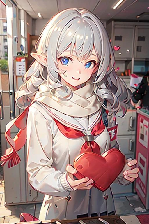 (best quality:1.2) (4k:1.) (highres:1.1) , (ultra detailed CG:1.1) ,
1girl elf , solo , (detailed face:1) , (silver wavy hair:1) , (small breasts:1) , holding heart chocolate , reaching , presenting heart package , <lora:Valentines-day-style-darquelilly-v1:.8> (valentinesdaystyle:1) , (heart:1) , school uniform , sailor collar , long sleeves , scarf , <lora:getabako2_SD15_V2:.8> (getabako:1) , (scenery:1) , (locker:1) , (school:1) , (tile floor:1) , (glass door:1) , embarrassed , upper body , <lora:Gloomifier_TheDread_V1_LECO:-.4>