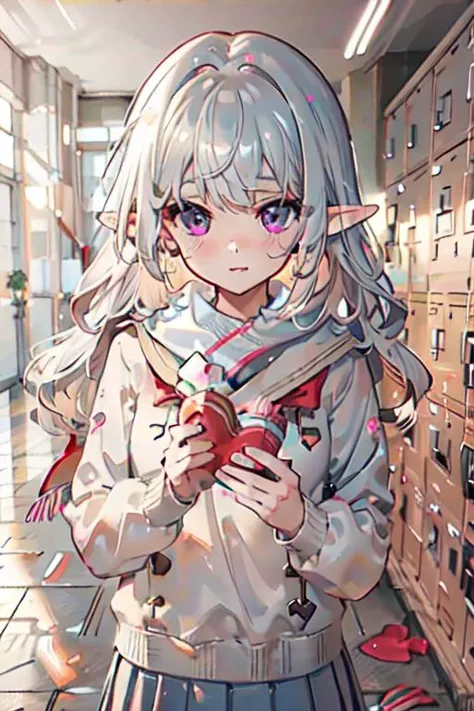 (best quality:1.2) (4k:1.) (highres:1.1) , (ultra detailed CG:1.1) ,
1girl elf , solo , (detailed face:1) , (silver wavy hair:1) , (small breasts:1) , holding heart chocolate , reaching , presenting heart package , <lora:Valentines-day-style-darquelilly-v1:.8> (valentinesdaystyle:1) , (heart:1) , school uniform , sailor collar , long sleeves , scarf , <lora:getabako2_SD15_V2:.8> (getabako:1) , (scenery:1) , (locker:1) , (school:1) , (tile floor:1) , (glass door:1) , embarrassed , upper body , <lora:Gloomifier_TheDread_V1_LECO:-.4>