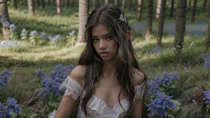 (spring time scene: 1 young woman (standing:1.2) on a grassy hill in front of a green forest),
nsfw, (elf ears:1.2), (no panties:1.1), naked pussy,
skinny body, (small breasts:1.1), detailed skin, (makeup:1.1), sweaty face,
(very long tangled messy disheveled (dark:1.2) hair:1.3), (hair bun:1.2), (bangs in face:1.1),
(transparent short peach-colored dress:1.2), (dress lift:1.1), (white lace frills:1.3), flimsy dress
high silver boots,
deep cleavage, (hand on breast:1.2), bare shoulders,
looking at viewer, blush,
evening sky, bushes, high grass, (blue cornflowers:1.3) (purple flowers:1.1), (butterflys:1.3), (flowering cherry trees:1.3), (peach blossoms:1.1), rim light, glowing,
masterpice, award winning, film grain, (photorealistic:1.2), 16k, UHD, cinematic shadows, best quality, ultra highres, hyperrealistic, Perfect Hands, (full body:1.2),
<lora:ahx_v1:0.8>,
<lora:Julia:1>,
<lora:GodPussy1 v4:0.3>, <lora:add_detail:0.6>, <lora:perfect hands:0.7>, <lora:hair_length_slider_v1:3>,
<lora:ahegao,rolling_eyes:0.4>, Ahegao, (rolling_eyes:1.1),
<lora:skin_tone_slider_v1:1>