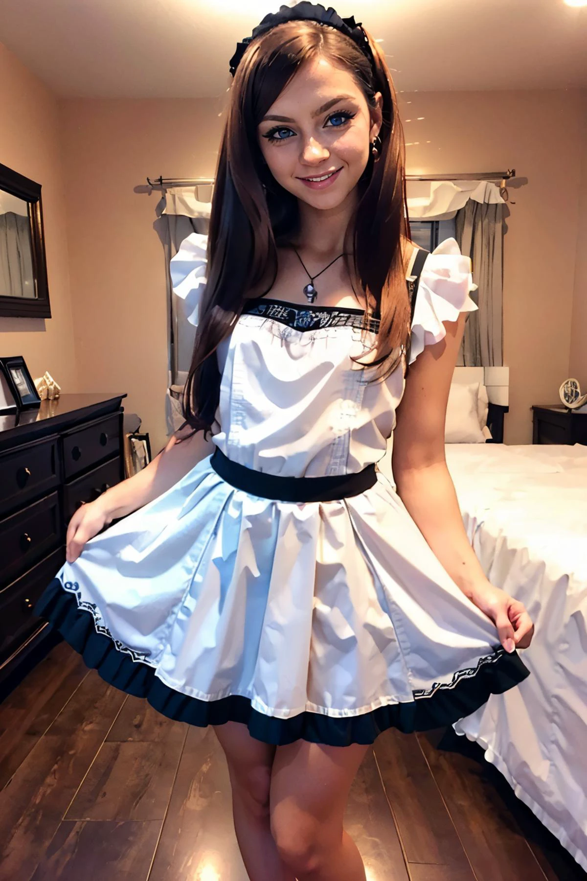 (ojigi,curtsey:1.3) <lora:ojigi:.8>
<lora:Holly:.7>, blue eyes, long brown hair, maid outfit, skirt, looking at viewer, serious, smiling, blush, medium shot, inside fancy bedroom, night time, high quality, masterpiece,