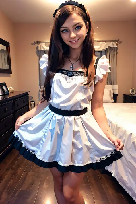 (ojigi,curtsey:1.3) <lora:ojigi:.8>
 <lora:Holly:.7>, blue eyes, long brown hair, maid outfit, skirt, looking at viewer, serious, smiling, blush, medium shot, inside fancy bedroom, night time, high quality, masterpiece,