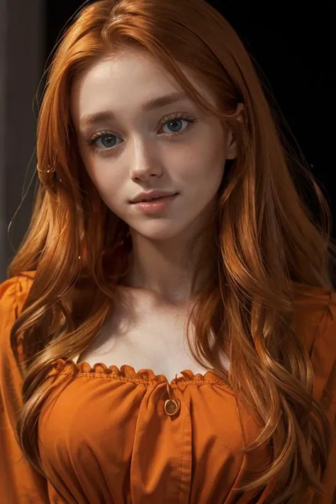 <lora:Delilah:.7>, simple background, dark background, upper body, at front, portrait, <lora:GoodHands-vanilla:0.8> better_oppai,  Goldfish Orange blouse, long hair, 
The gaze is straightforward, neither penetrating nor vacant.