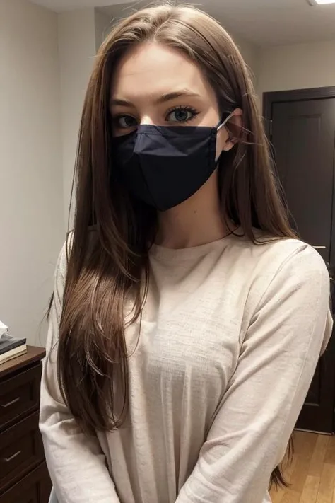 <lora:Holly:.7>, simple background, upper body, at front, portrait, <lora:GoodHands-vanilla:0.8> better_oppai, Eye Brown blouse, shirt, long hair,
A surgical mask covers the lower half of the face, securely fitting over the nose and mouth. The mask's material is thin and breathable, with ear loops that gently secure it in place. The eyes above the mask convey a sense of alertness and caution.
