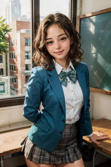 <lora:Erica:.7>, short brown hair, curly hair, brown eyes, medium breasts, wide hips, wearing a (school uniform, blue blazer, white tucked shirt, bow, green plaid miniskirt), looking at viewer, smiling, embarrassed, blush, medium shot,
standing, arms crossed, inside a classroom, desk, chalkboard, window, extreme detail, masterpiece,