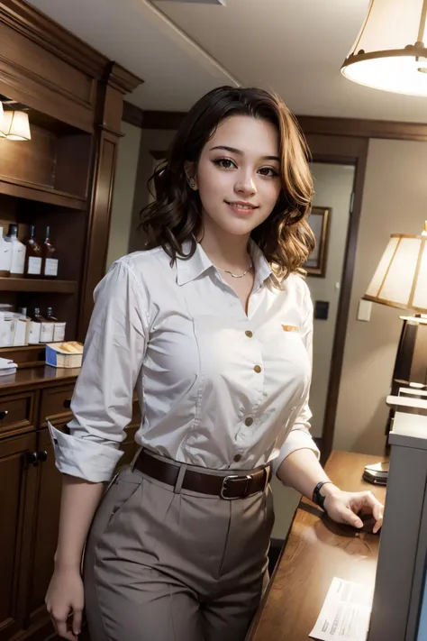 <lora:Carly:.8>, short brown hair, brown eyes, small breasts, make up, wearing a white button shirt, grey slacks, looking at viewer, happy, smiling,
standing behind the front desk counter of a fancy hotel, soft lighting, extreme detail, hdr,