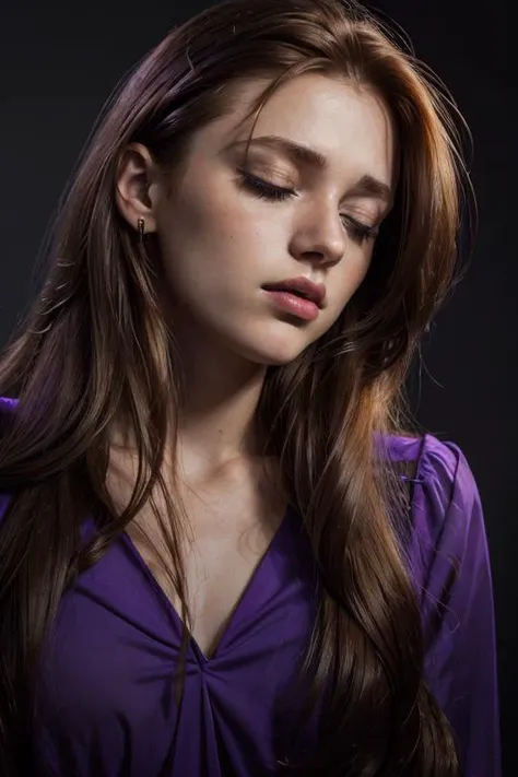 <lora:Delilah:.7>, simple background, dark background, upper body, at front, portrait, <lora:GoodHands-vanilla:0.8> better_oppai, Neon Purple blouse, long hair
Lips pressed together in a determined line, with closed eyes, projecting an unwavering resolve and steely determination.