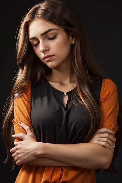 <lora:Tanya:.7>, simple background, dark background, upper body, at front, portrait, <lora:GoodHands-vanilla:0.8> better_oppai, Dark orange blouse, long hair
Closed eyes and a subtle furrow of the brows, conveying a touch of concern or thoughtful consideration.