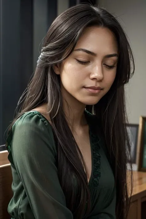 <lora:Olga:.7>, simple background, dark background, upper body, at front, portrait, <lora:GoodHands-vanilla:0.8> better_oppai, Emerald Green blouse, long hair
A slight upturn of the lips, coupled with closed eyes, exuding an aura of inner satisfaction and peace.