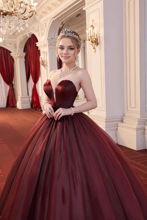 <lora:Bailey:.7>, view from front, looking at viewer, smirk, (fair skin, pale skin), (inside a fancy ballroom, ballroom, formal, prom, medium shot) dancing, dynamic pose, flirty, blush, cute, high quality, masterpiece, prom, formal corsage, diamond earrings, diamond necklace, seductive ambiance, <lora:gl0ssy:0.8> gl0ssy, red plastic dress,