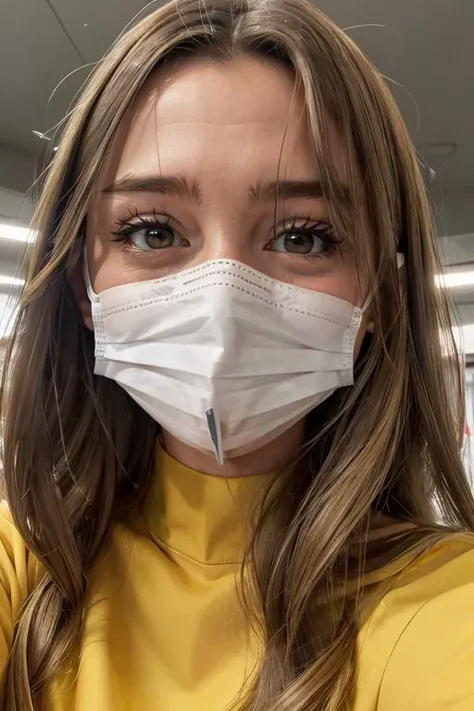 <lora:Kennedy:.7>, simple background, upper body, at front, portrait, <lora:GoodHands-vanilla:0.8> better_oppai, Road Sign Yellow blouse, long hair,
A surgical mask securely covers the nose and mouth, with the top edge just below the eyes and the bottom edge extending to cover the chin. The mask's material is smooth and slightly pleated, indicating its disposable nature. The mask has elastic ear loops to keep it in place.