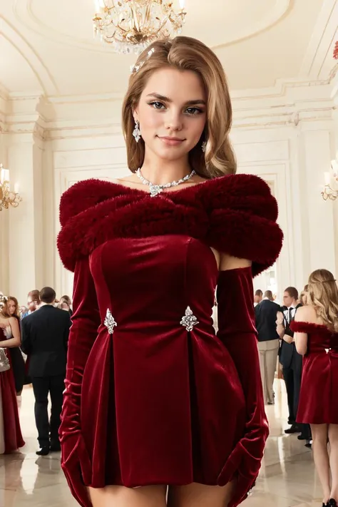 <lora:Bailey:.7>, view from front, looking at viewer, smirk, (fair skin, pale skin), (inside a fancy ballroom, ballroom, formal, prom, medium shot) dancing, dynamic pose, flirty, blush, cute, high quality, masterpiece, prom, formal corsage, diamond earrings, diamond necklace, seductive ambiance, <lora:s1m0n3v3lv3t:0.8> s1m0n3v3lv3t, bare shoulders, velvet elbow gloves, red velvet dress, fur shawl,