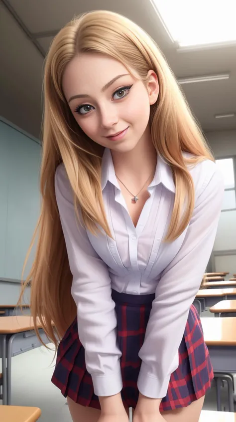 1girl, beautiful, smile, laugh, (facing the viewer), standing on a desk, leaning forward over a desk, at a ((school)), ultra skin texture, (AS-Adult:1.1) BREAK
hands on desk, leaning forward, nipslip, in school uniform, classroom, looking at the camera, eye contact BREAK
((school uniform)), (white blouse), tie, plaid skirt, ((downblouse:1.3), (leaning forward:1.1)), BREAK
makeup, long straight hair, pale skin, fair skin, white skin, <lora:Holly:1>