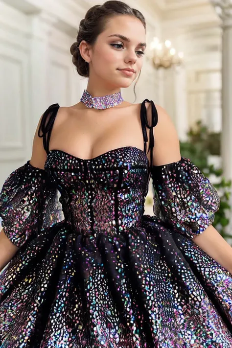 <lora:Bailey:.7>, looking at viewer, smirk, (inside a fancy ballroom, ballroom, formal, prom,) dancing, dynamic pose, flirty, blush, cute, high quality, masterpiece,  prom, formal corsage, diamond earrings, diamond necklace, seductive ambiance, dim lighting, fog <lora:c0nst3llat10ndr3ss:0.8> c0nst3llat10ndr3ss, glitter print dress, long dress, bare shoulders, black dress,, c0nst3llat10ndr3ss, glitter print dress, short dress, puffy long sleeves, black dress, collared dress,