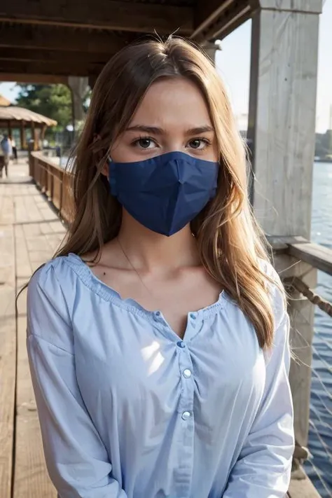 <lora:Macy:.7>, simple background, upper body, at front, portrait, <lora:GoodHands-vanilla:0.8> better_oppai, Pale Blue blouse, shirt, long hair,
A fabric mask, made of soft cotton material, covers the face from the bridge of the nose to just below the chin. The mask is well-fitted, with adjustable straps ensuring a snug and comfortable wear. The eyes above the mask show a hint of weariness but also determination.