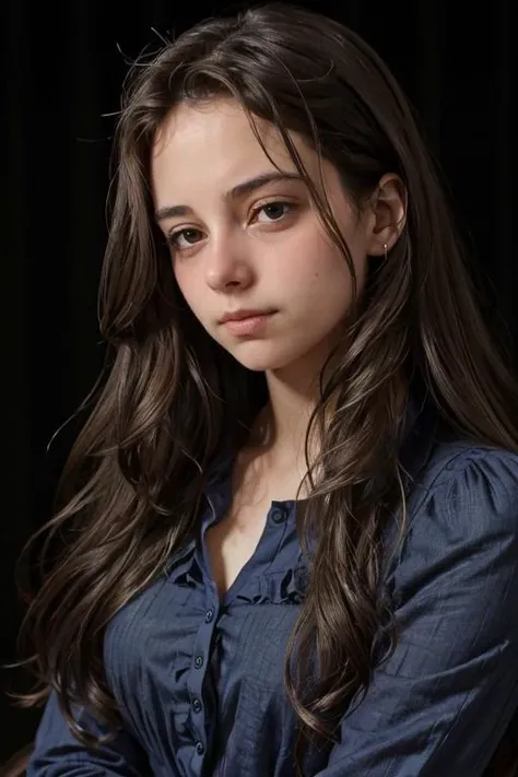 <lora:Erica:.7>, simple background, dark background, upper body, at front, portrait, <lora:GoodHands-vanilla:0.8> better_oppai, French Blue blouse, long hair,
The face is at rest, with no visible signs of emotion, looking straight ahead.