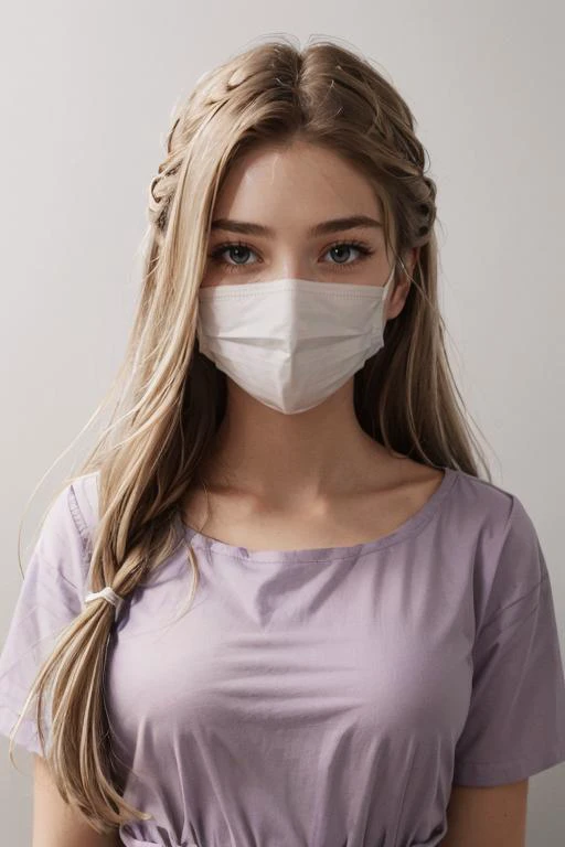 <lora:Julia:.7>, simple background, upper body, at front, portrait, <lora:GoodHands-vanilla:0.8> better_oppai, Pastel Purple blouse, shirt, long hair,
The nose and mouth are covered by a surgical mask, which fits comfortably over the face. The mask is made of a breathable material and has a metal nose strip for a secure fit. The mask's ear loops are soft and do not irritate the skin.
