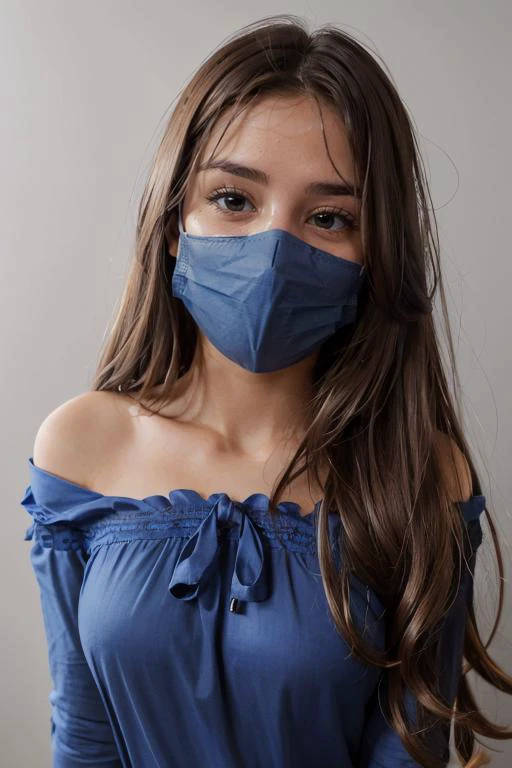<lora:Sarah:.7>, simple background, upper body, at front, portrait, <lora:GoodHands-vanilla:0.8> better_oppai,  Rich Blue blouse, shirt, long hair, 
A cloth mask covers the face, with a comfortable fit over the nose and mouth. The mask has adjustable straps for a customized fit and is made of a durable fabric. The eyes above the mask appear relaxed and at ease.