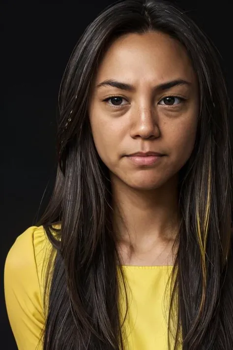 <lora:Olga:.7>, simple background, dark background, upper body, at front, portrait, <lora:GoodHands-vanilla:0.8> better_oppai, Neon Yellow blouse, long hair,
The facial features are in a state of rest, revealing no specific emotion, looking directly at the viewer.