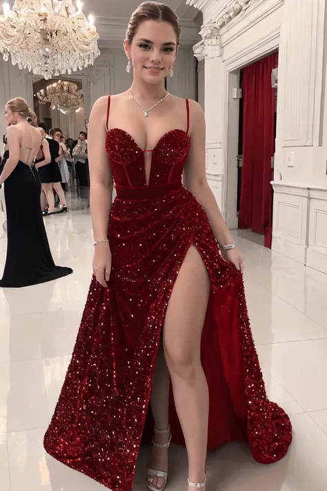 <lora:Bailey:.7>, view from front, looking at viewer, smirk, (fair skin, pale skin), (inside a fancy ballroom, ballroom, formal, prom, medium shot) dancing, dynamic pose, flirty, blush, cute, high quality, masterpiece, prom, formal corsage, diamond earrings, diamond necklace, seductive ambiance, <lora:r3dgl1tt3r:0.8> r3dgl1tt3r, dress, cleavage, bare shoulders, red dress, side slit, glittery dress,