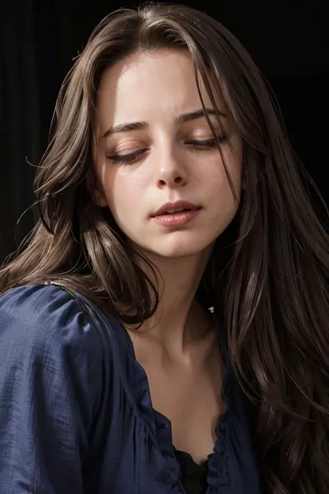 <lora:Erica:.7>, simple background, dark background, upper body, at front, portrait, <lora:GoodHands-vanilla:0.8> better_oppai, Royal Blue blouse, long hair
Closed eyes and a twisted grimace, the lips pulled back in a silent scream of anguish.