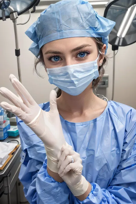 <lora:Holly:.7>, blue eyes, brown hair, looking at viewer, happy, long sleeve surgical outfit, surgical gloves, surgical mask, surgical cap, putting on gloves, operating room, overhead surgical light, <lora:concept_surgery_gloving_v2_1:.9>