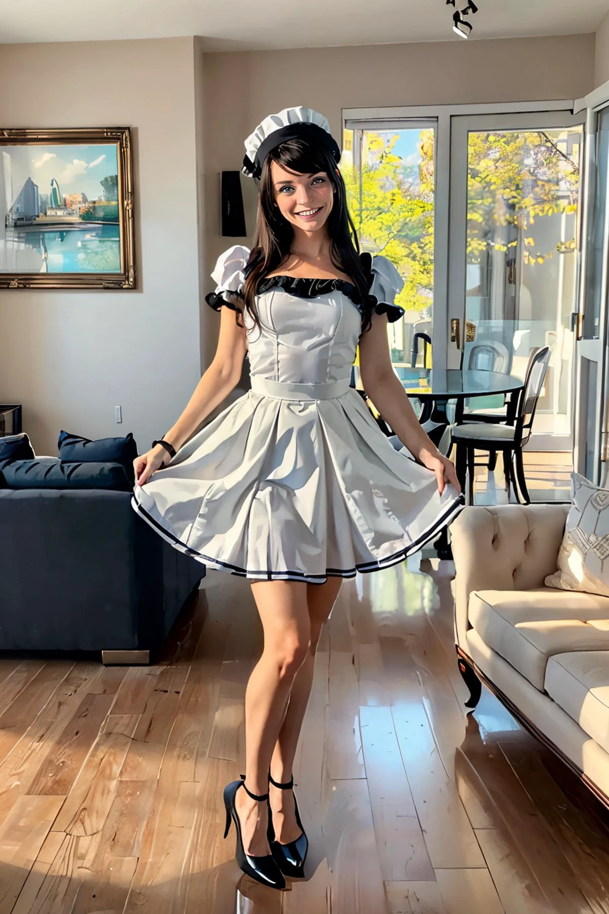 (ojigi,curtsey:1.3) <lora:ojigi:.8>
<lora:Grace:.7>, green eyes, black hair, maid outfit,hat, skirt, looking at viewer, serious, smiling, standing, inside fancy living room, table, sofa, high quality, masterpiece,