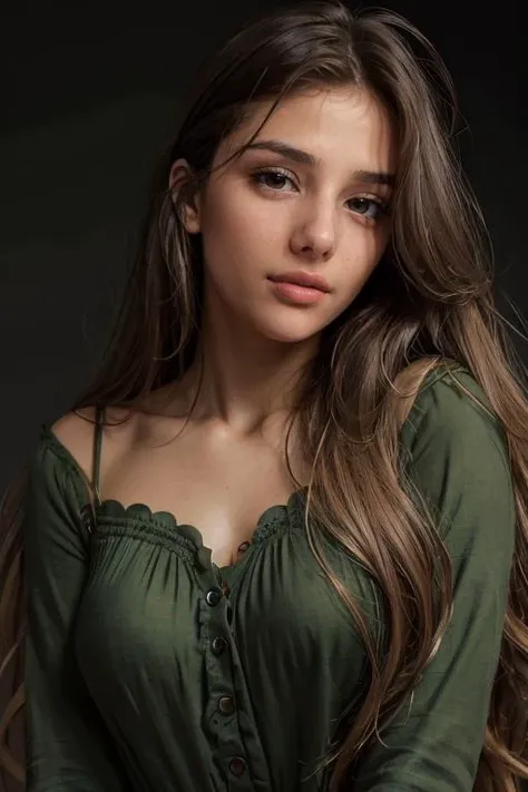 <lora:Sarah:.7>, simple background, dark background, upper body, at front, portrait, <lora:GoodHands-vanilla:0.8> better_oppai,  Seafoam Green blouse, long hair, 
The face is devoid of any smile or frown, presenting a neutral mask.