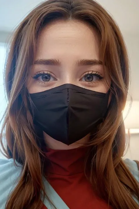 <lora:Faith:.7>, simple background, upper body, at front, portrait, <lora:GoodHands-vanilla:0.8> better_oppai,  Blood Red blouse, long hair, 
The face is partially obscured by a light blue surgical mask, covering the nose and mouth. The mask fits snugly against the skin, with the top edge resting just below the eyes and the bottom edge extending to cover the chin. The mask's pleats allow for comfortable breathing, and the ear loops secure it in place.