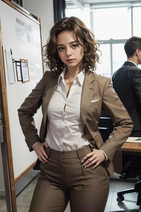 <lora:Erica:.8>, short brown hair, curly hair, make up, brown eyes, medium breasts, pear-shaped body,wearing a business suit, suit jacket, white collar shirt, slacks, looking at viewer, serious, medium shot,
standing, hands on hips, inside a office, meeting room, long desk, whiteboard, bright lighting, extreme detail, masterpiece,
