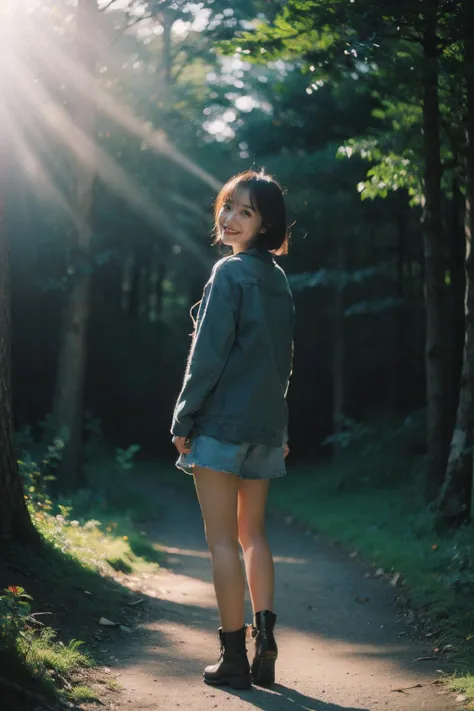 Best Quality,Masterpiece,Ultra High Resolution,(Realisticity:1.4),Original Photo,Cinematic Lighting,
1Girl,smile,forest,full body,backlighting,