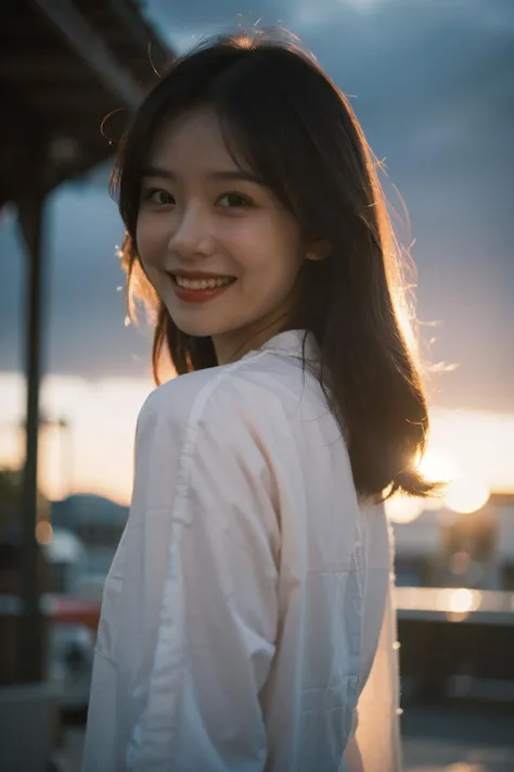 Best Quality,Masterpiece,Ultra High Resolution,(Realisticity:1.4),Original Photo,Cinematic Lighting,
1Girl,smile,backlighting,sunset,