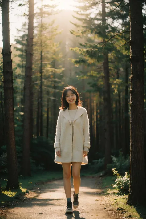 Best Quality,Masterpiece,Ultra High Resolution,(Realisticity:1.4),Original Photo,Cinematic Lighting,
1Girl,smile,forest,full body,backlighting,