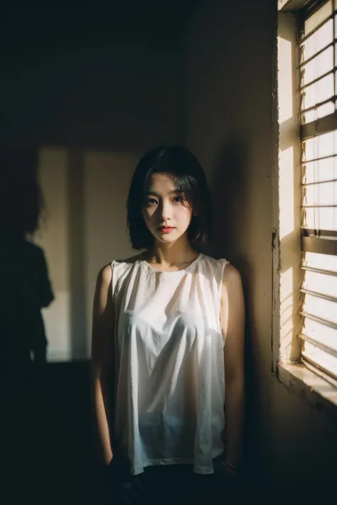 Best Quality,Masterpiece,Ultra High Resolution,(Realisticity:1.4),Original Photo,Cinematic Lighting,
1Girl,Tyndall effect,light and shadow,shadow,