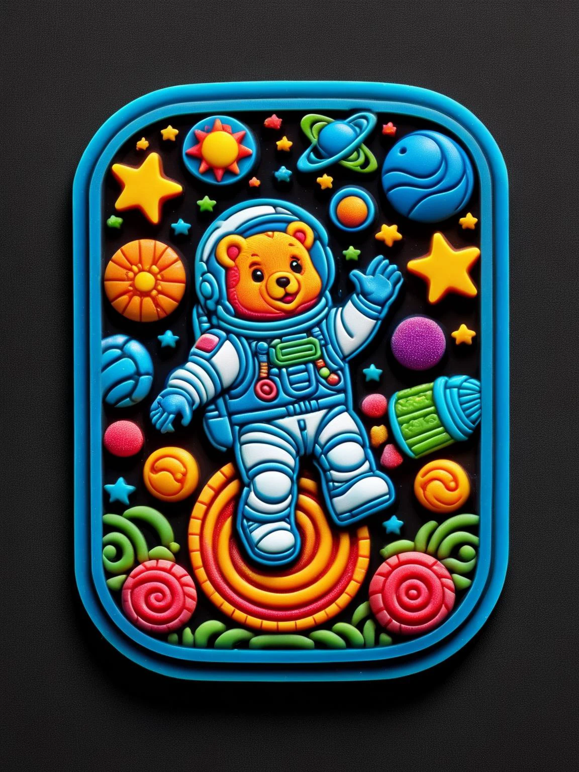 A ral-rubberpatch miniature gummy bear astronaut floating past planets made of candy-colored rubber patches, reaching for a glistening starburst nebula <lora:ral-rubberpatch-sdxl:1> <lora:EnvyBetterHiresFixXL01:0:hr=1>