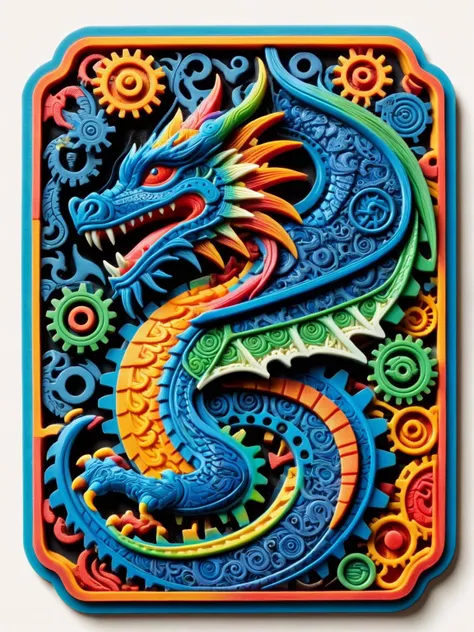 An intricate ral-rubberpatch mechanical dragon with gears and cogs visible beneath its semi-transparent scales, curled around a castle made of puzzle pieces. <lora:ral-rubberpatch-sdxl:1> <lora:EnvyBetterHiresFixXL01:0:hr=1>