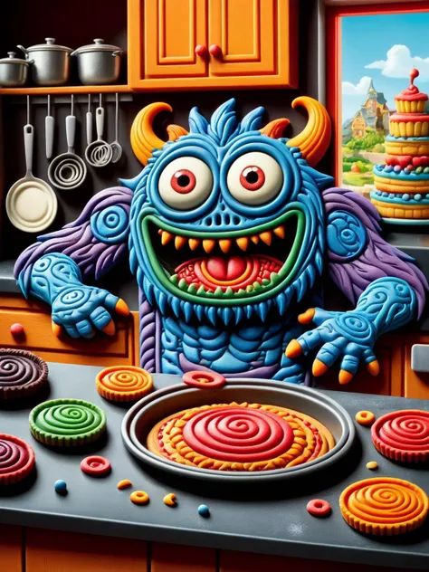 A funny ral-rubberpatch scene of a cartoon monster participating in a baking contest, with detailed expression of concentration and kitchen chaos in the background. <lora:ral-rubberpatch-sdxl:1> <lora:EnvyBetterHiresFixXL01:0:hr=1>