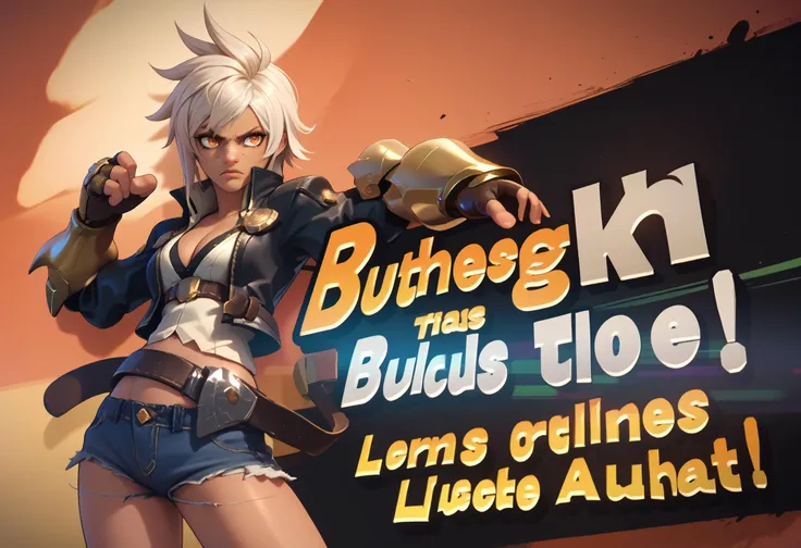 score_9, score_8_up, score_7_up BREAK <lora:SSBUSplashArt_XLPD_1:1.4> SSBUSplashArt, english text <lora:Bullet_BB:0.8> bulletbb, jacket, shirt, cleavage, belt, cutoffs, fingerless gloves, gauntlets, boots, white hair, orange eyes, dark skin, scar on face