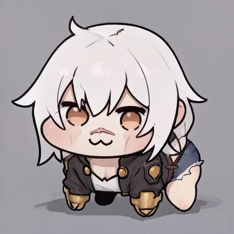 score_9, score_8_up, score_7_up, score_6_up BREAK  <lora:Bullet_BB:0.8> bulletbb, white hair, dark skin, scar on face,jacket, belt, cutoffs, gauntlets,doro, simple background, creature, :3, chibi,no humans, four legs, solid circle eyes, no pupils   <lora:Doro_X_PDXL_V1:1.3>