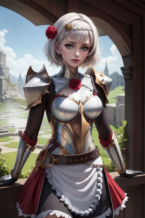 photorealistic, octane render, best quality, 1girl, petite, short girl, noelle gi, short hair, white hair, green eyes, braid, hair flower, red rose, knight armor, fantasy armor, maid skirt, belt, looking at viewer, sharp focus, (8k), (4k), (Masterpiece), (Best Quality), (realistic skin texture), extremely detailed, intricate, hyper detailed, illustration, soft lighting, high resolution, sharp detail, vivid, colorful, outdoors, nature, <lora:noelle by Goofy Ai:1> <lora:add_detail:0.6>