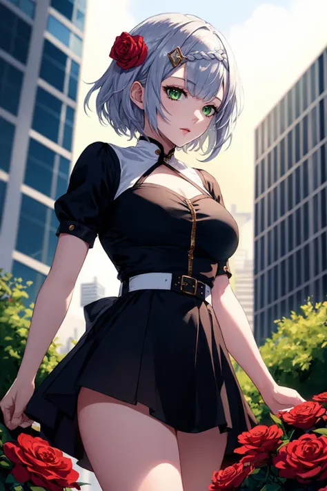 1girl,superrealism , HDR , ray-tracing , complex , masterpiece , volumetric lightning , , <lora:noelle by Goofy Ai:1> noelle gi,short hair, green eyes, braid,hair flower,red rose , white hairs