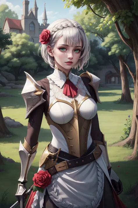 photorealistic, octane render, best quality, 1girl, ite, short girl, noelle gi, short hair, white hair, green eyes, braid, hair flower, red rose, knight armor, fantasy armor, maid skirt, belt, looking at viewer, sharp focus, (8k), (4k), (Masterpiece), (Best Quality), (realistic skin texture), extremely detailed, intricate, hyper detailed, illustration, soft lighting, high resolution, sharp detail, vivid, colorful, outdoors, nature, <lora:noelle by Goofy Ai:1> <lora:add_detail:0.6>