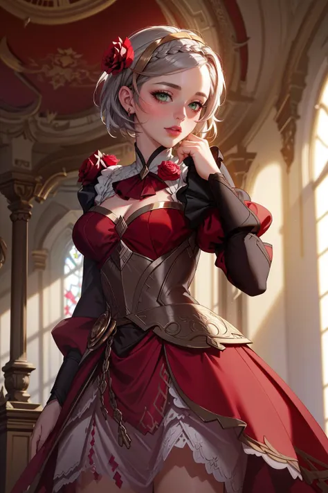 ((Masterpiece, best quality,edgQuality)),
noelle gi,short grey hair, green eyes, braid,hair flower,red rose, <lora:noelle by Goofy Ai:1>
edgGolden, a woman in a golden dress,wearing edgGolden
<lora:edgGolden2:1>