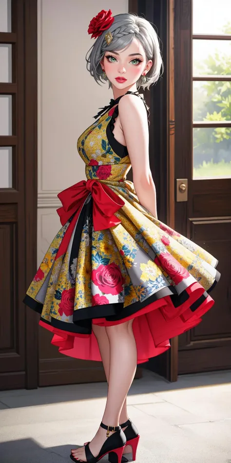 ((Masterpiece, best quality,edgQuality)),
noelle gi,short grey hair, green eyes, braid,hair flower,red rose, <lora:noelle by Goofy Ai:1>
edgVTD, 1girl, solo, simple background,earrings, sleeveless, nail polish, black footwear, high heels, lips, sleeveless dress, arms behind back, floral print, sandals, toenail polish, yellow dress, print dress ,wearing edgVTD
<lora:edgVintageTeaDress:0.77>